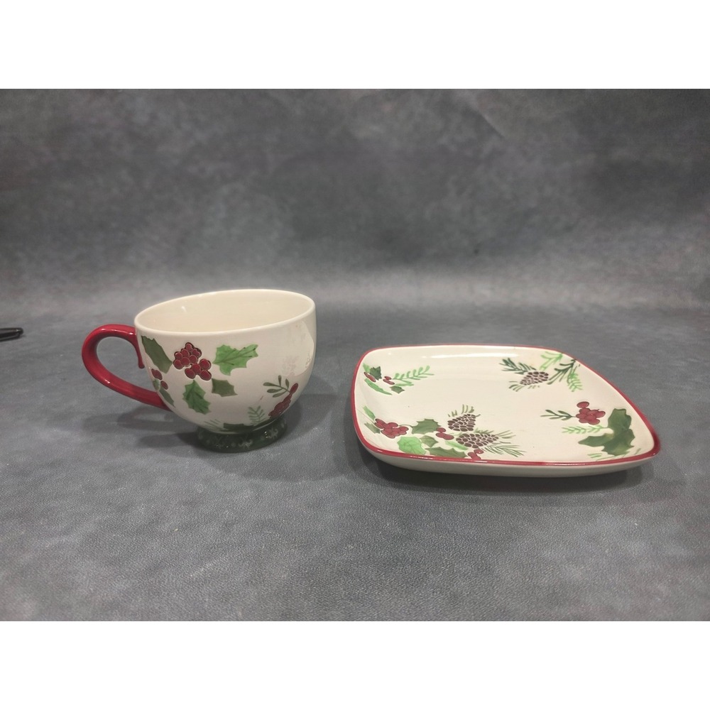 Dutch Wax Coastline Imports Christmas Poinsettia Ceramic Cup and Plate Set